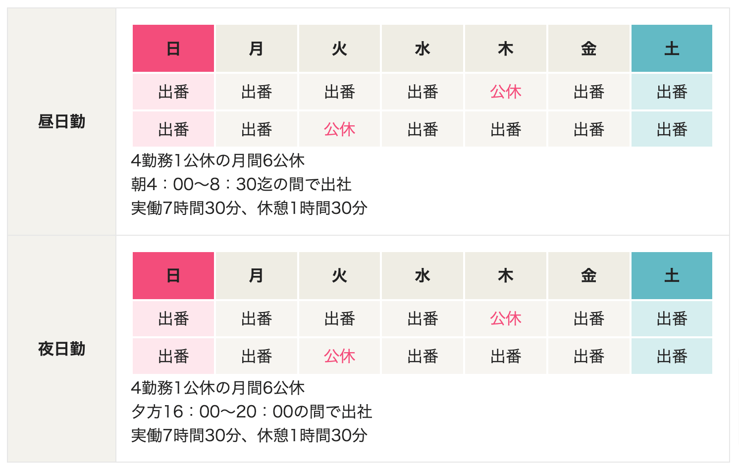 共同交通小樽営業所の勤務カレンダー画像